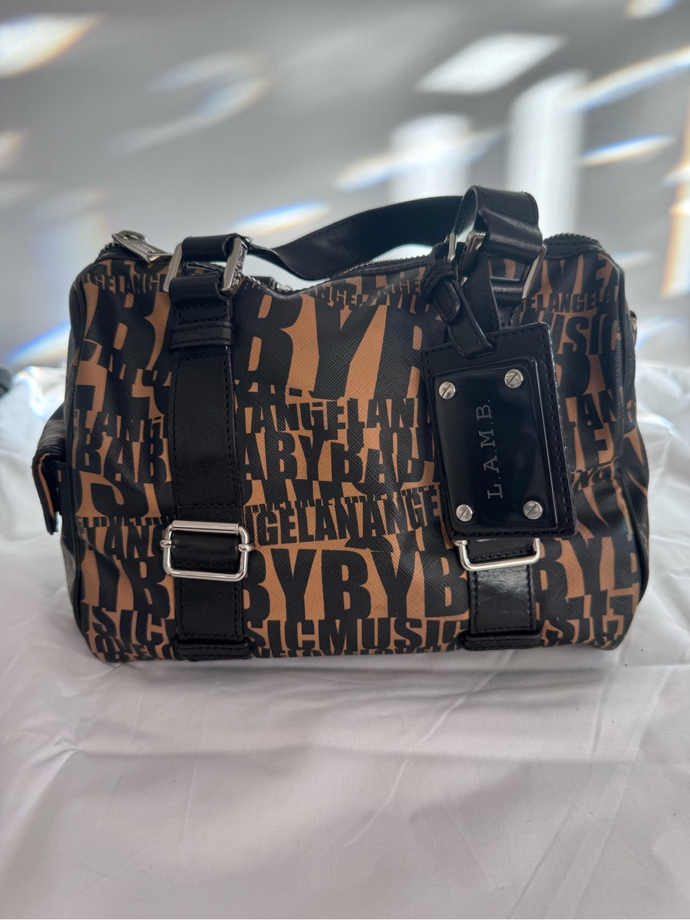 L.A.M.B. Black and Brown Logo Duffel Purse